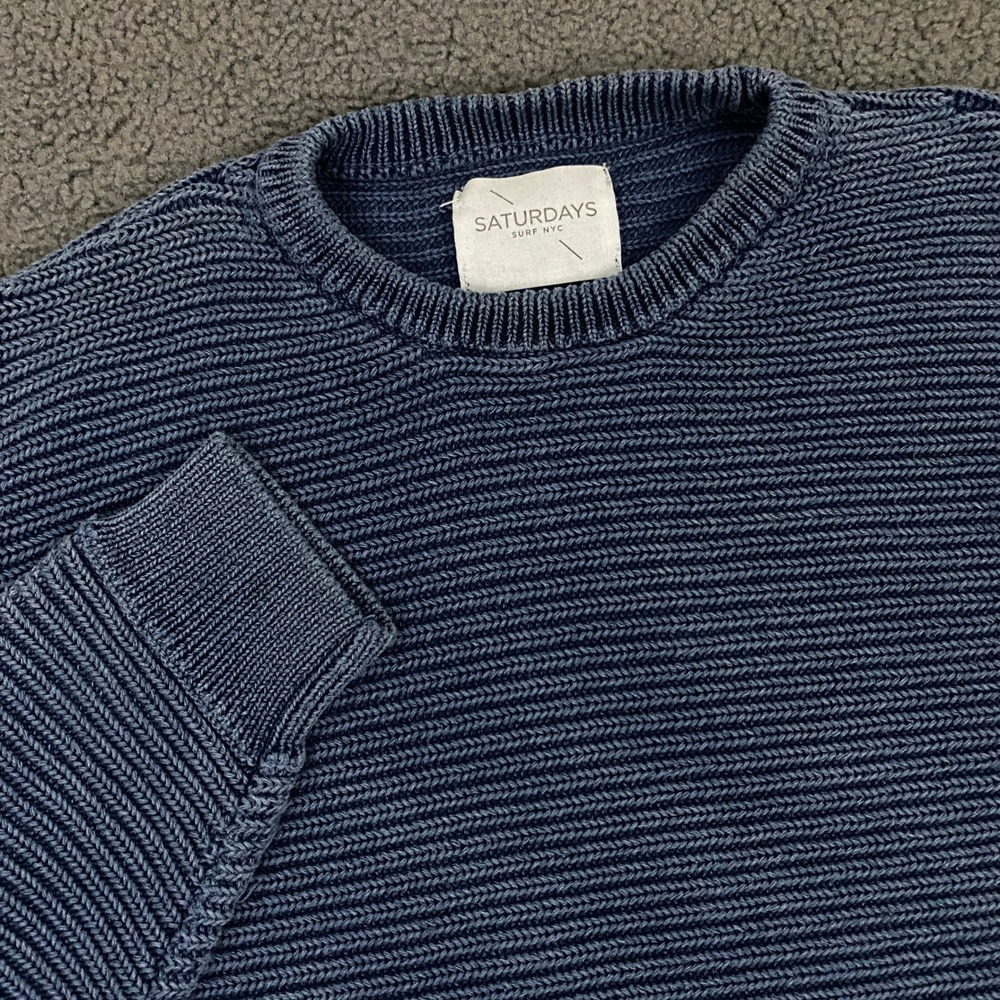 Saturdays Surf NYC Sweater Mens Medium Indigo blue Chunky Knit Fisherman Crew